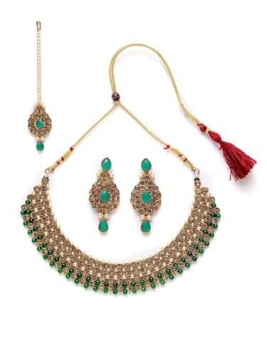Juego de joyas Jadau hecho a mano DMZ-2053, collar y pendientes Kundan en latón