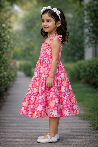 Image of Buy & Try Girls Printed Georgette Frock, Sleeveless Summer Dress, Lightweight Knee Length Baby Girl Dress, Casual Outfit, Soft Comfortable Fabric, Stylish Kids Wear