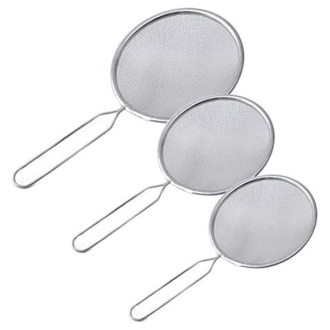 LARATH 3 Pieces Stainless Steel Strainers Fine Mesh Colander Sieve Kitchen Skimmer Spoon with Non Slip Handles Utensils Tools for Straining Skimming Gravy Tea Flour Sugar, 3 Sizes Cover