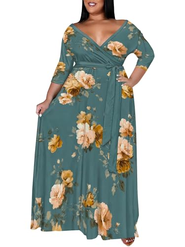 Image of SUZONANA Plus Size Maxi Dresses for Curcy Women Casual Loose 3 /4 Sleeve Long Dress with Belt