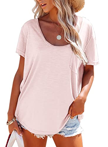 T-Shirt Damen Sommer Kurzarm Tee Shirts Casual Oberteile Loose Tunic Tops(Rosa,M) Cover