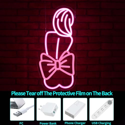 Image of Lady Neon Sign - Pink Bow Neon Signs for Wall Decor, Lady Led Sign for Bar, Party, Home, Room Decor, USB Powered