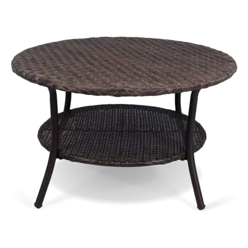 Krikacy Cambridge Outdoor Rattan Round Coffee Table All-Weather HDPE Wicker Patio Side Table 2-Tier Circle Table with Storage for Garden Porch Deck Brown