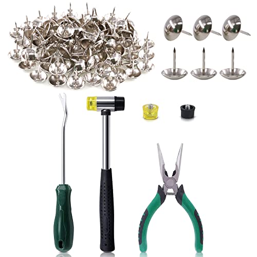 Keadic 205Pcs 3/4" (19mm) Antique Upholstery Tacks Nails Pins Tools Set,Double-Faced Mallet with 2 Replacement Rubber Heads, Staple Lifter and Removal Pliers for DIY Projects - Silver