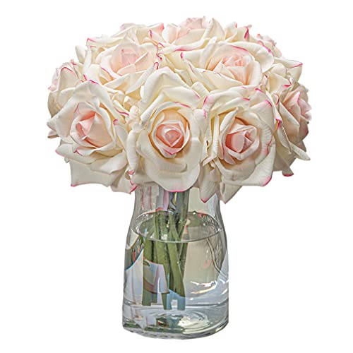 Duyone Artificial Roses Single Stem 10Pcs Fake Silk Flower Arrangement Bouquet Real Touch For Home Party Wedding Decoration(Pink Edge) #TOP15