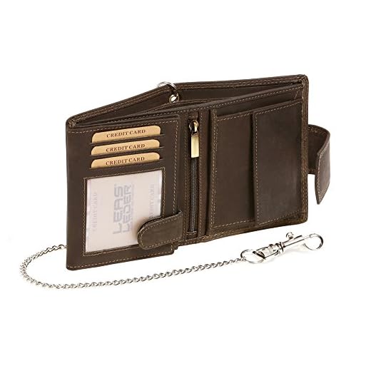 Biker Cartera con Cadena Cromo y Cierre Externo para señores Motociclista Monedero para señoras Trucker Vintage-Style LEAS MCL, Piel auténtica, marrón - ''LEAS Chain-Series''