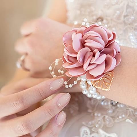 Rose Corsage Bracelet, Pink Floral Wedding Wrist Corsage for Wedding Wristband, Bride Rose Flower Bracelet, Pearl Silk Wrist Corsages for Wedding Bridal Shower Bridesmaid Sisters Cover