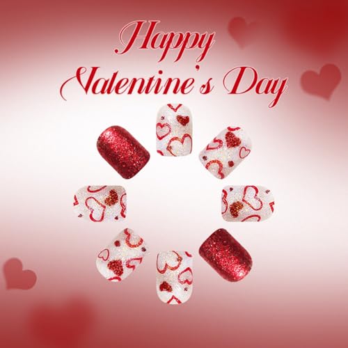 Image of Red Glitter Press on Nails Heart Fake Nails with Design Short Square Glue on Nail Glossy Full Cover Valenmtine's Day Stick on Nail for Women Manicure 24Pcs