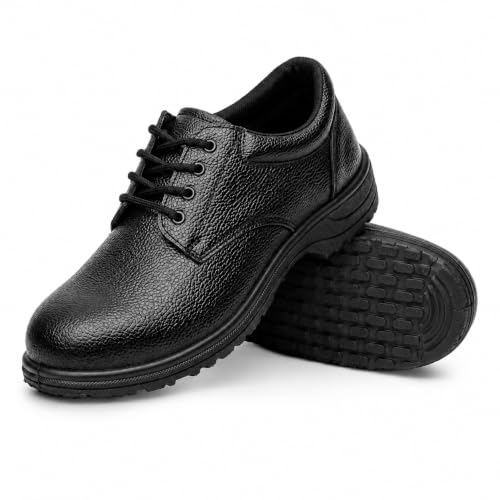 Image of Shyam Steel Men's Lightweight Synthetic Leather Safety Shoes | Slip & Oil-Resistant Heavy-Duty PVC Sole Industrial Work Footwear for Construction & Factory | Low-Ankle Lace-Up Black Work Shoes