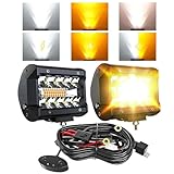 ASLONG 2PCS 4Inch LED Single Row White/Amber Flasing Strobe Pods Work Lights Off-Road Driving Fog Lights with Switch Wiring Harness for Trucks Boat Golf Cart SUV ATV UTV