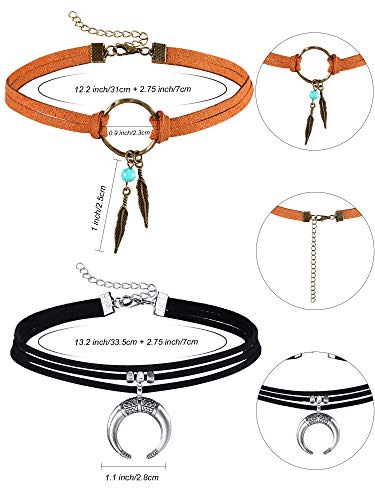 Hicarer 3 Pieces Suede Choker Necklaces American Indian Feather Handmade Necklaces Adjustable Leather Turquoise Choker Necklace Moon Crescent Pendant Choker for Women Accessories3