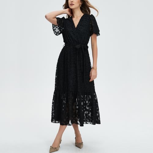 Image of Women's Summer Bohemian Floral Chiffon Dress Cap Sleeve V Neck Ruffle Long Flowy Boho Casual Vacation Dresses