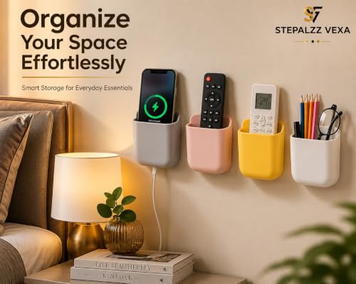 Image of STEPALZZ Wall Mount Mobile Holder Stand (Pack of 4) Self Adhesive Phone Charging Holder Plastic Remote Holder Wall Storage Pocket for Mobile Phone TV AC Remote Charging Organizer for Home Office