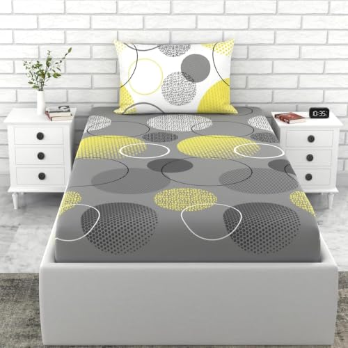 Image of LORETO - A QUALITY LINEN BRAND 144 TC 100% Pure Cotton Single Fitted Bedsheet with 1 Pillow Cover for 72 x 36 Inch Mattress, All-Around Elastic, 8 Inch Deep Pocket, Grey & Yellow Geometric