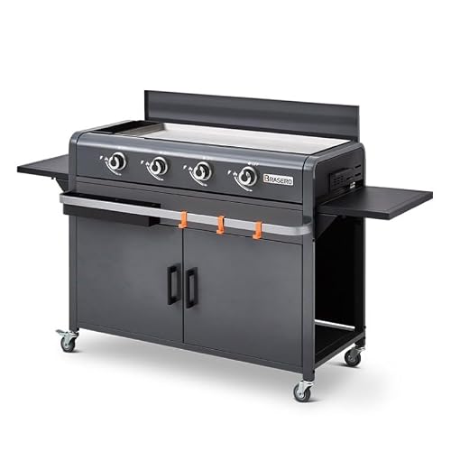 BRASERO - Plancha Lola à gaz sur chariot équipé Gun Metal - 4 brûleurs à gaz - jusqu'à 14 convives - Surface de cuisson 88 x 35,5 cm - 9,6 kW - Récupérateur de graisse