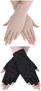 Women Sunscreen Gloves UV Protection Sunblock Gloves for Driving Riding Fishing Golfing Outdoor Activities (Black, Khaki Dot)