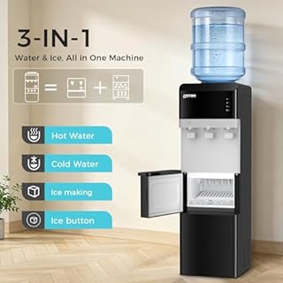 OSTBA Water Cooler Dispenser with Ice Maker, 4-in-1 Top Loading Water Dispenser for 3 & 5 Gallon Bottles, Hot Cold & Room Temp Water, Bullet Ice Maker, Child Safety Lock, Touch Panel