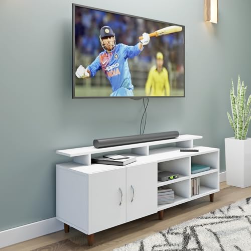 Image of VIKI Modern TV Unit for Living Room | Engineered Wood TV Cabinet with 2 Door Storage, 2 Open Shelves & Extension, Entertainment Unit, 140W x 48H x 40D cm | DIY | 1 Year Warranty (White)