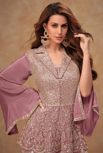 Image of Miss Ethnik Women's Purple Chinon Stitched Top With Stitched Bottom Embroidered Flared Kurta Palazzo Set (ME-1232-Purple)