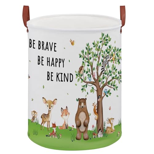 Woodland Baby Laundry Hamper,Bear Baby Boy Nursery Decor with Inspirational Quotes,Animal Toddler Laundry Hamper,Tree Storage Bin Fox Owl Towel Bin Clothes Book Toy Organizer Box(Green）
