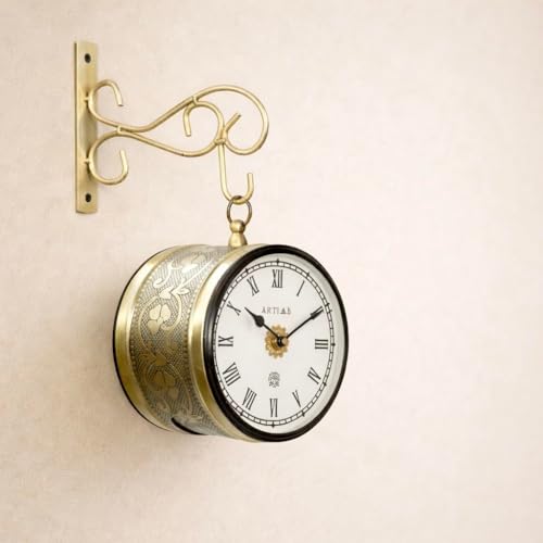 Image of Handcrafted Double Side Metal Analog Vintage Wall Clock | 1.5 Year Machine Warranty | 6 INCHES | 1 Side Number 1 Side Roman,Color Golden