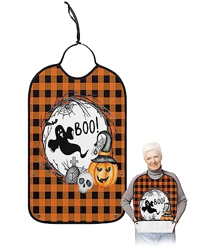 Halloween Adult Bibs for Eating, Waterproof Bibs with Food Catcher & Adjustable Snap Closure, Farmhouse Orange Black Plaid Pumpkin Boo Washable Clothing Protectors Adult Bibs for Elderly Women/Men