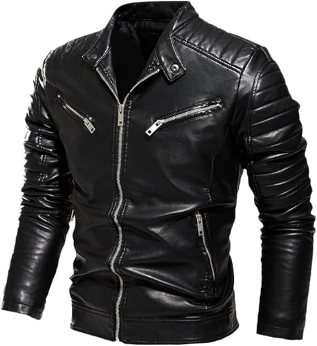 Men's Genuine Lambskin Biker Quilted Slim Fit Leather Jacket (US