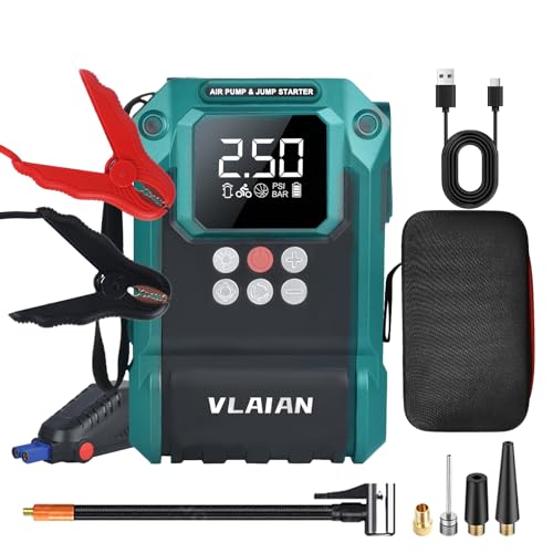 VLAIAN ジャンプスターター、エンジンスターター、DC/USB急速充電 150PSI 急速膨張 自動停止機能 自転車/バイク/車/ボールに適用 LED緊急 PSE認証