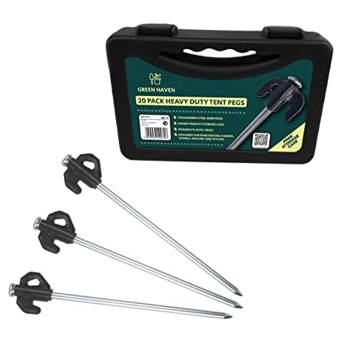 GREEN HAVEN 20 Pack Galvanised Stainless Steel Hard Ground Tent Pegs with Storage Case - Heavy Duty Tent Pegs & Awning Pegs | Stainless Steel Ground Pegs Camping Pegs for Outdoor | Sturdy Storage Case Cover