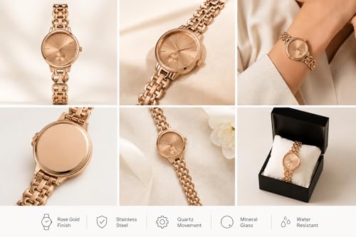 Image of HALFDOT Women's Rose Gold Analog Wrist Watch | Elegant Chain-Link Metal Strap Quartz Watch | Fashion Wrist Watch for Women & Girls