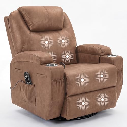 Image of JUMMICO Small Swivel Rocker Recliner, 360 Rocking Chair Recliner with Massage, Upholstered Leathaire Rocker Recliner with Cup Holder for Living Room, Bedroom, Nursery (Dark Brown)