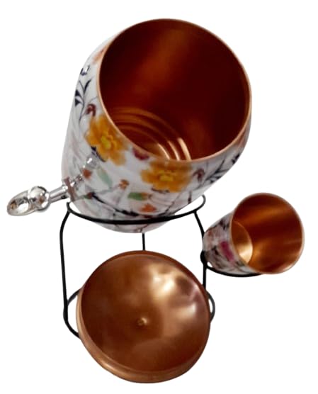 Copper Printed 5 Liter Water Cooler & Glass 300 Ml With Stand For Kitchen, Home Dispenser, Gallon Water Dispenser Copper Storage By ORNATE INTERNATIONAL., 5 Litre