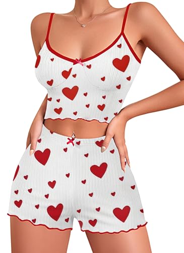 Image of Hilinker Womens Graphic Print Ribbed PJ Set Crop Cami Tops and Shorts Cute Pajamas Set