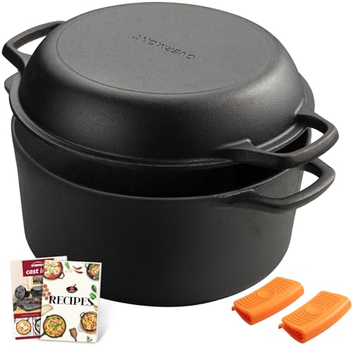 Overmont Gusseisen Topf Dutch Oven - Brottopf mit Deckel ⌀28 cm - Doppelfunktion Deckel/Bratpfanne - für Küche Camping Garten BBQ Backen Gasgrill
