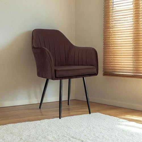 Image of Velvet Accent Chair | Luxury Upholstered Armchair with Sturdy Metal Legs | Modern Comfortable Chair for Living Room, Bedroom, Office, or Cafe (Black Legs, Dark Brown)