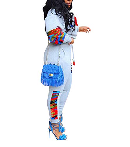 lexiart Women's Letter Print 2 Piece Outfits Camouflage Patchwork Long Sleeve Sweatshirt and Pants Set Sweatsuit Grey M