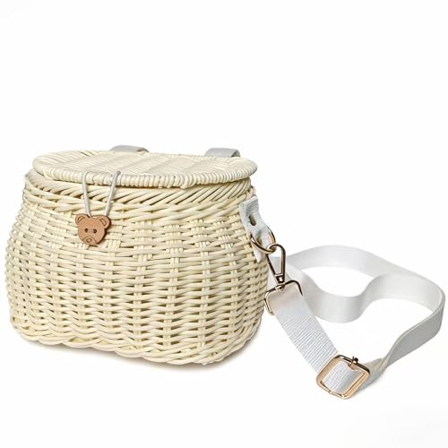 SVNR Fahrradkorb für Kinder Fahrradkorb Vorne, Fahrrad Korb Roller Dreiradkorb, handgewebter Rucksack mit Deckel Schultergurt, Rattankorb, Vorderlenkerkorb, Beige