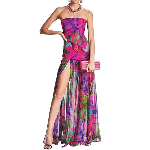 Image of Women Tube Top Dress Backless Strapless Mesh Leopard Print Side Slit Cocktail Bodycon Long Dress Party Club Dress