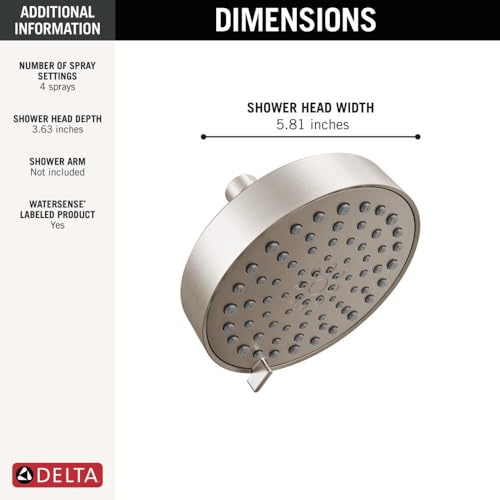 Image of Delta Modern 4-Setting Brushed Nickel Shower Head, 5.75 Inch Round Shower Head, 1.75 GPM Flow Rate, Satin Nickel 52401-SN