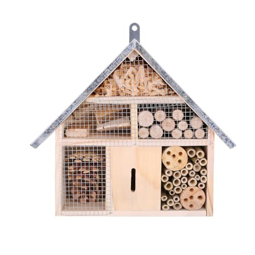 AIMALL Wooden Insect Hotel with Zinc Roof, Bee & Butterfly House, Hanging Bug Habitat for Garden, Bamboo & Pinecone Chambers, Mesh Front, 12in W x 10.74in H, Attract Ladybirds & Mason Bees