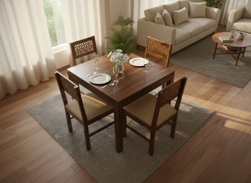 Image of RECTART Solid Wood Dining Table Set with Chairs for Living Room Home | Wooden Dining Room Sets Furniture for Hotels and Restaurants | (CNC-White-N, 4 Seater)