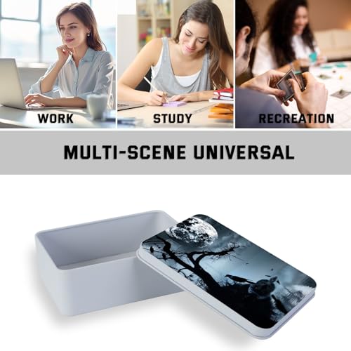 Image of Metal Tin Box with Lid,Multi-functional Storage Box Can Store Tea Biscuits Game Cards, Playing & Tarot Cards-Comes with 4 Magnetic Cord Clips,Raven Moonlight Scene