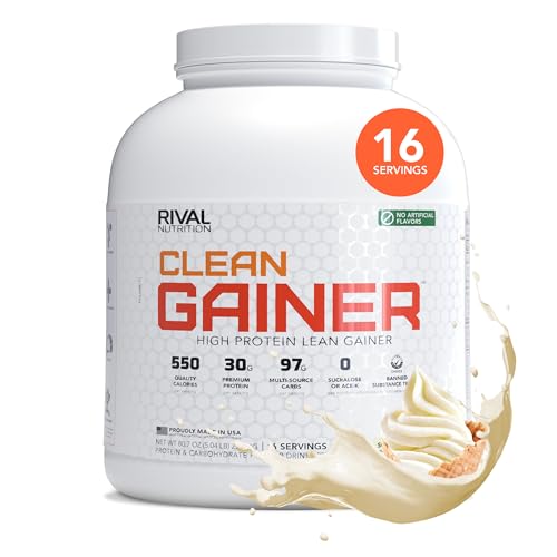 RIVAL NUTRITION Clean Gainer Protein Powder – 5LB Soft Serve Vanilla – High Protein Lean Mass & Weight Gainer | 550 Calories, 30g Protein, 97g Multi-Source Carbs, No Artificial Flavor – 16 Servings