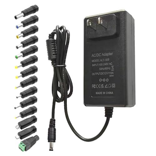 12V 5A Power Supply DC Adapter AC 100-240V to DC 12Volt 5Amp 4A 3.5A 3A 2A 1.5A 1A Voltage Converter AC Adapter with 5.5x2.5mm DC Jack and 14 Tips (5A, 60W) for LED Strip Lights