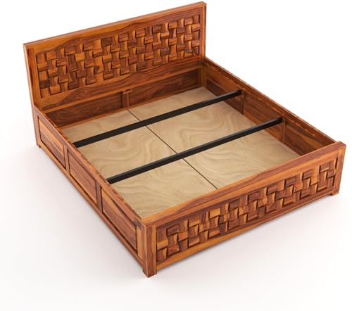 Image of Furniture Sheesham Wood King Size Bed with Storage Box | Wooden Box Bed King Size Double Cot Bed with Storage for Bedroom | Premium Niwar Design Headboard Bed for Living Room | Honey Finish