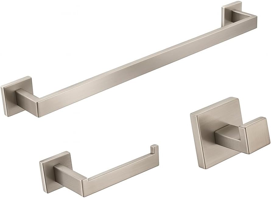 3 Piece Towel Bar Set for Bathroom, Washroom, Toilet Paper Roll Holder Set, Bath Accessories, Heavy Duty Wall Mounted, Towel Holder Rack Hook Rod (Brushed Nickel)