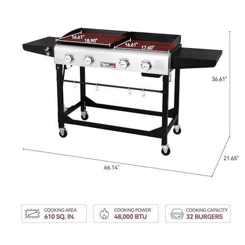 Royal Gourmet GD401C 4-Burner Propane Gas Grill and Griddle Combo with Cover, Griddle Grill Combo with 48,000 BTUs Output for Outdoor Cooking While Camping or Tailgating, Black & Silver