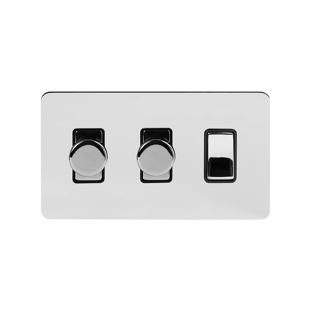 The Soho Lighting Company Polished Chrome Flat Plate 3 Gang Light Switch with 2 Dimmers (1x2 Way with 2x Trailing Edge Dimmer)
