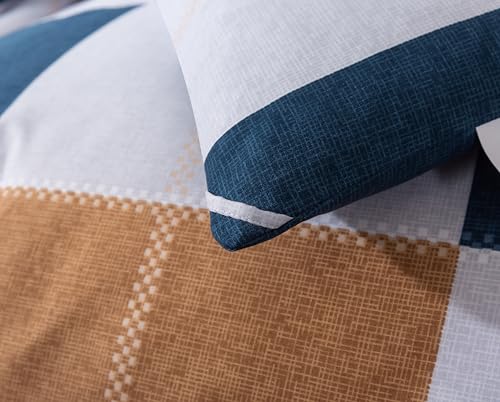 Image of Caressma Navy Blue Plaid Checkered Comforter Set, Fluffy Geometric Grid Gray and Brown Buffalo Twin Size Comforter with Matching Pillow Shams for All Seasons