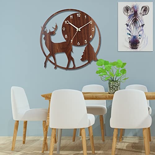 Heng Da Si 12" Bedroom Luminous Wall Clock Silent Non-Ticking, Country Retro Rustic Style Decorative, Wooden Elk Wall Clock For Living Room Kitchen, Home,Bathroom, Bedroom, Laundry Roomdecor #TOP6